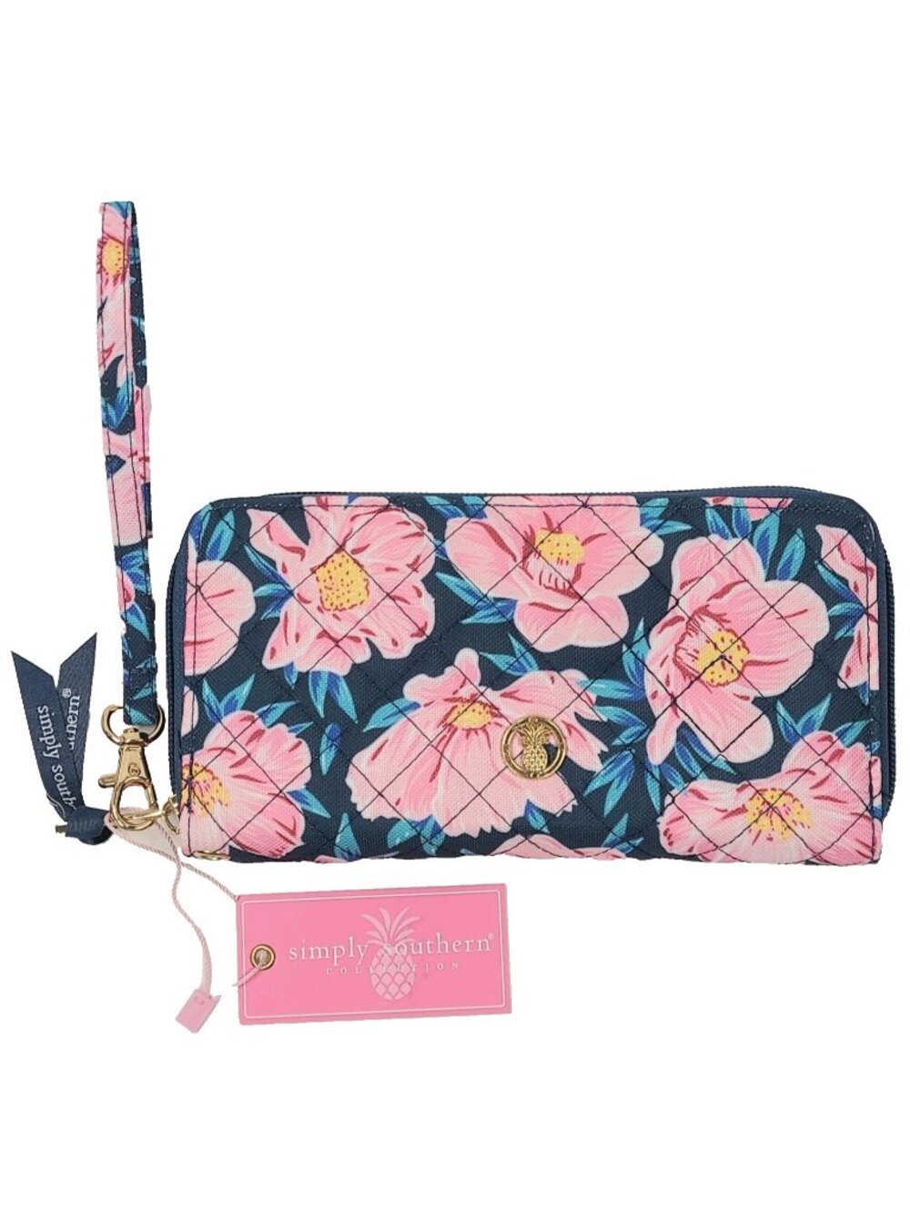 Simply Southern Floral Quilted Zip-Around Wristlet Wallet Blue Pink Floral